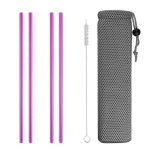 4 Pailles en Acier Inoxydable Droites Rose