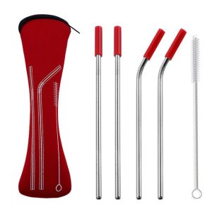 4 Pailles en Métal Transportables Rouge
